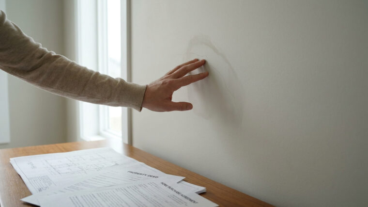 Une main touche une fissure sur un mur près de documents immobiliers.
