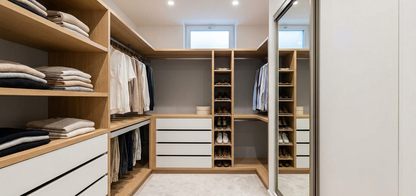 Petit dressing en U avec étagères en bois clair, tiroirs blancs, penderies et miroir, parfaitement agencé.