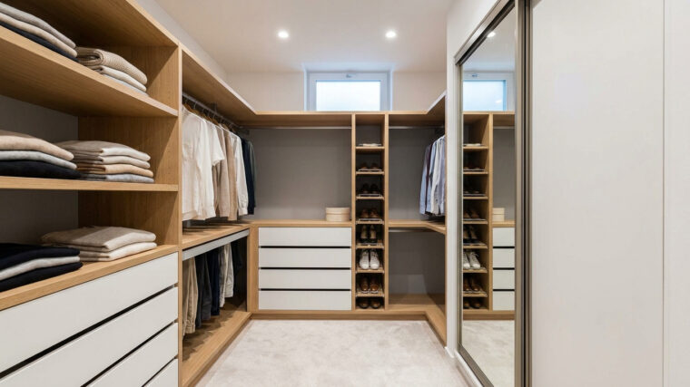 Petit dressing en U avec étagères en bois clair, tiroirs blancs, penderies et miroir, parfaitement agencé.