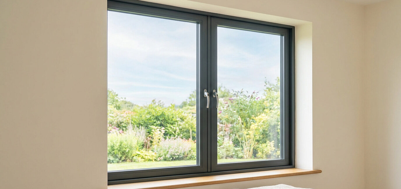 Fenêtre moderne à double vitrage avec cadre gris anthracite, donnant sur un jardin verdoyant et lumineux.