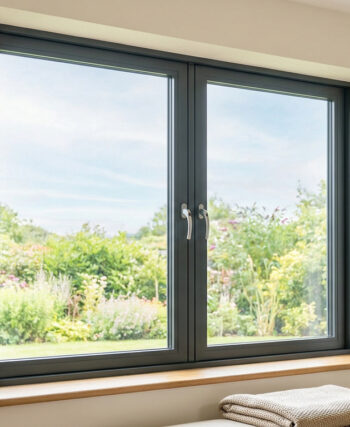Fenêtre moderne à double vitrage avec cadre gris anthracite, donnant sur un jardin verdoyant et lumineux.
