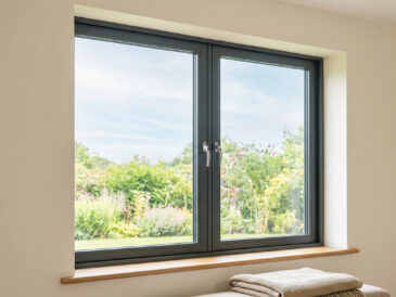 Fenêtre moderne à double vitrage avec cadre gris anthracite, donnant sur un jardin verdoyant et lumineux.