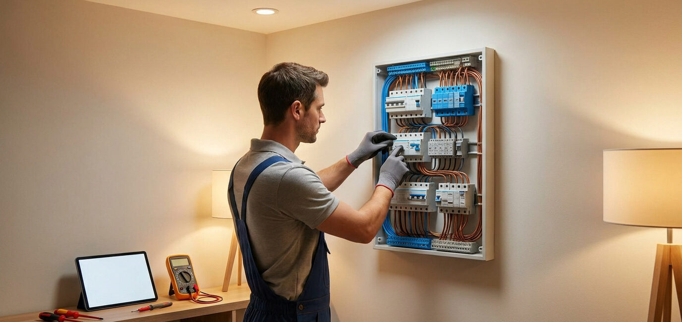 Un électricien installe et vérifie un tableau électrique moderne dans une pièce bien éclairée.