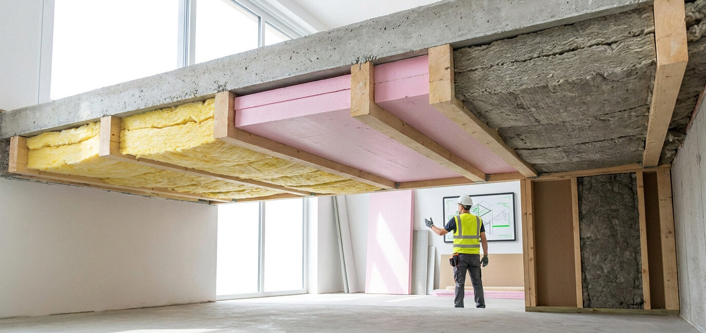 Ouvrier inspectant l'isolation d'un plafond avec différents matériaux comme la laine de verre et des panneaux isolants.