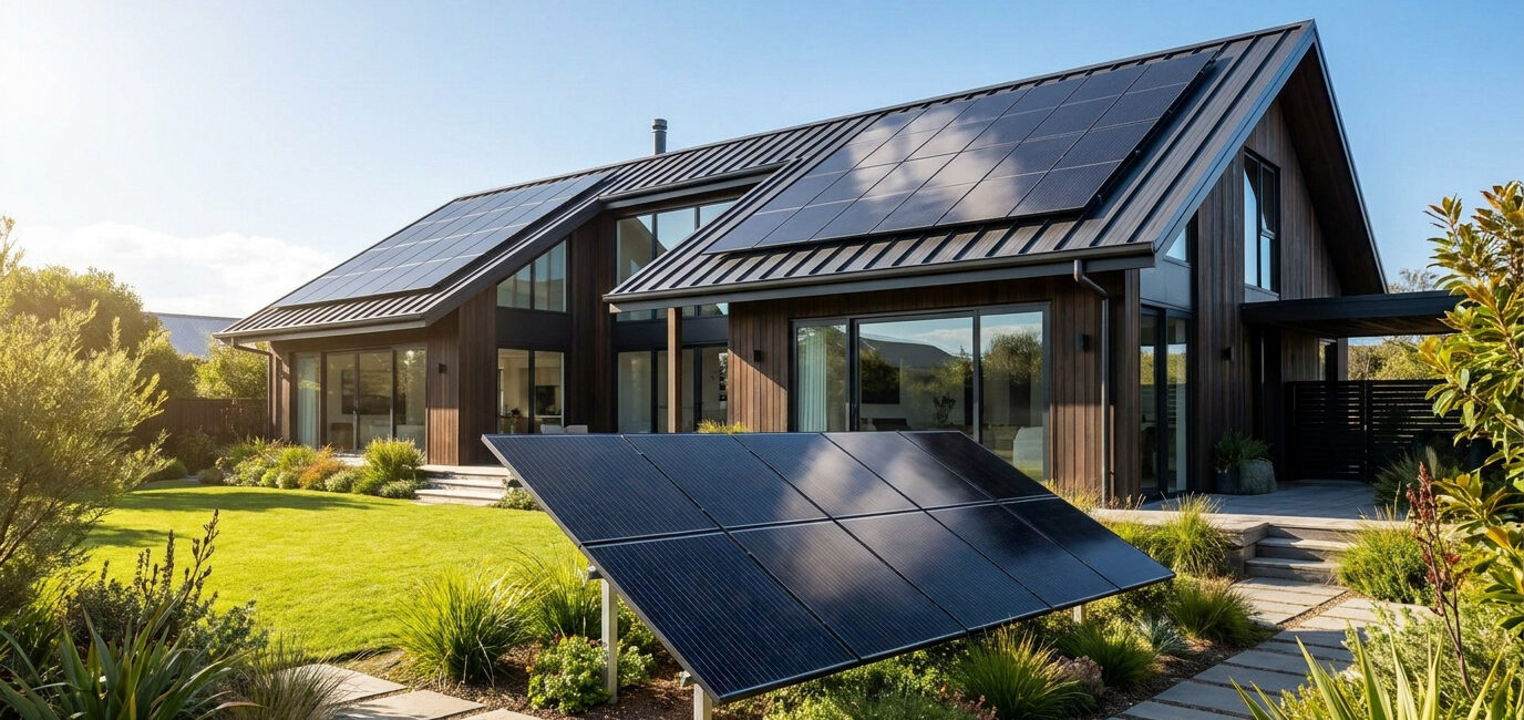 Maison moderne équipée de panneaux solaires sur le toit et au sol dans un jardin verdoyant.