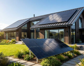 Maison moderne équipée de panneaux solaires sur le toit et au sol dans un jardin verdoyant.