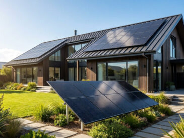 Maison moderne équipée de panneaux solaires sur le toit et au sol dans un jardin verdoyant.