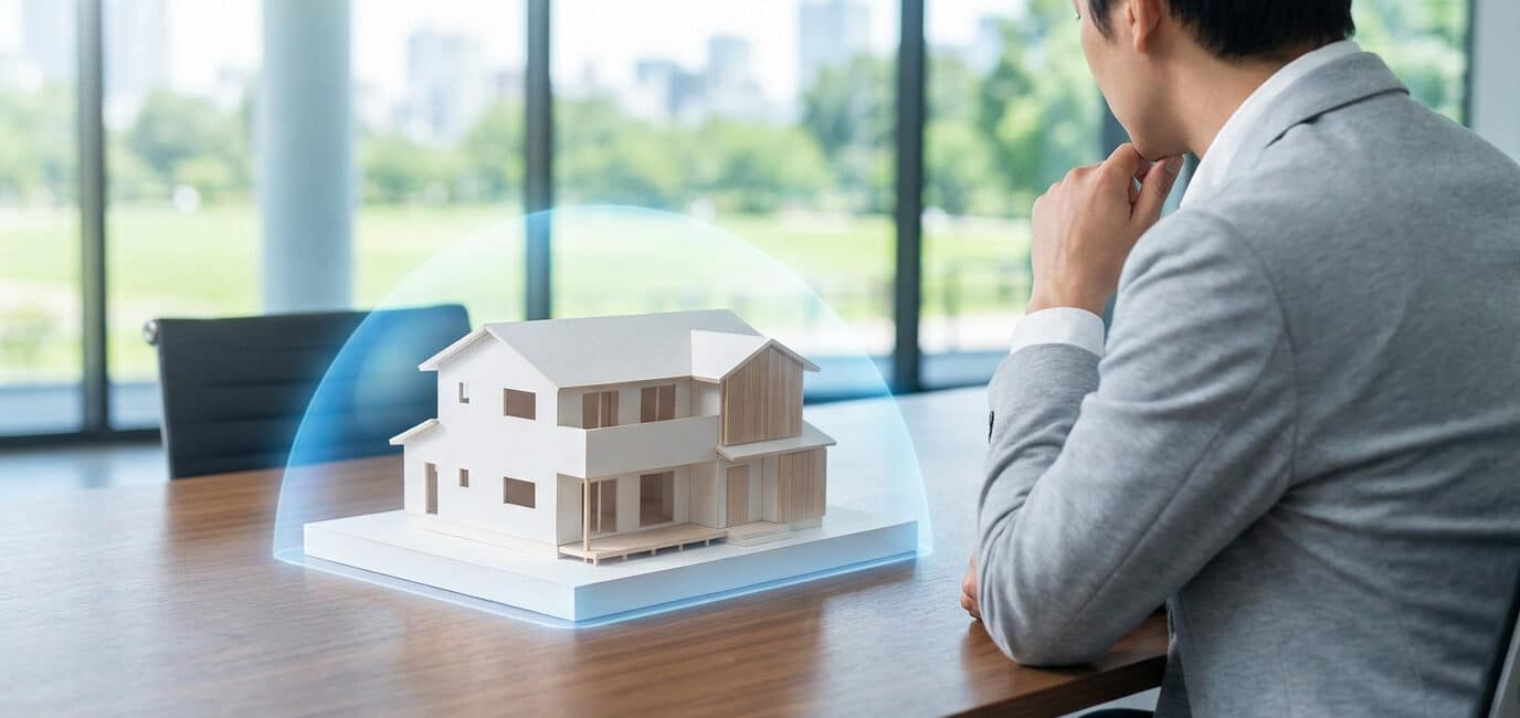 Un homme d'affaires regarde une maquette de maison protégée par un dôme lumineux symbolisant une assurance.