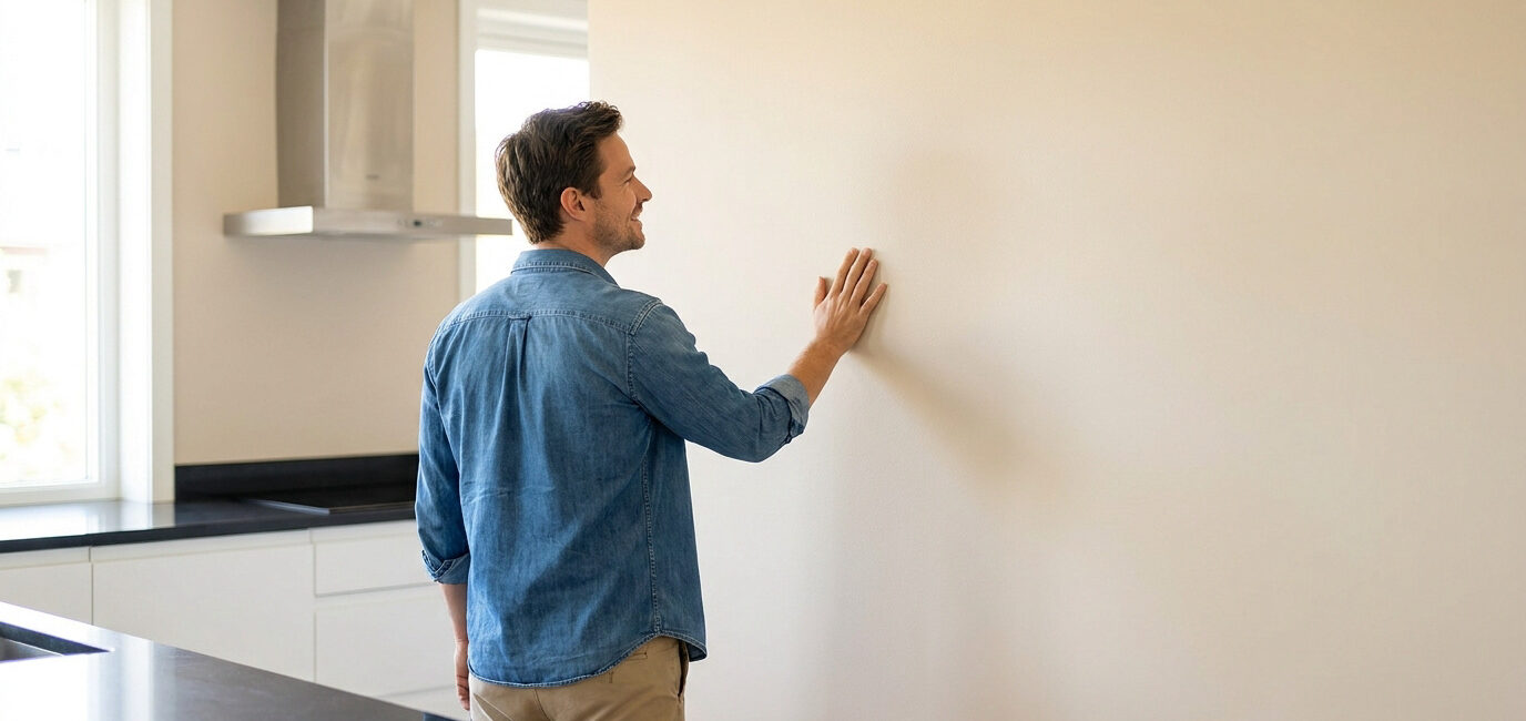 Un homme en chemise en jean touche un mur fraîchement peint de couleur beige dans une cuisine moderne.
