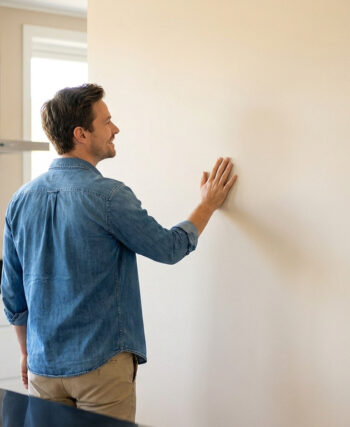 Un homme en chemise en jean touche un mur fraîchement peint de couleur beige dans une cuisine moderne.