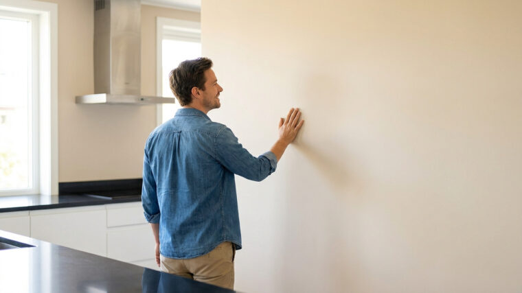 Un homme en chemise en jean touche un mur fraîchement peint de couleur beige dans une cuisine moderne.