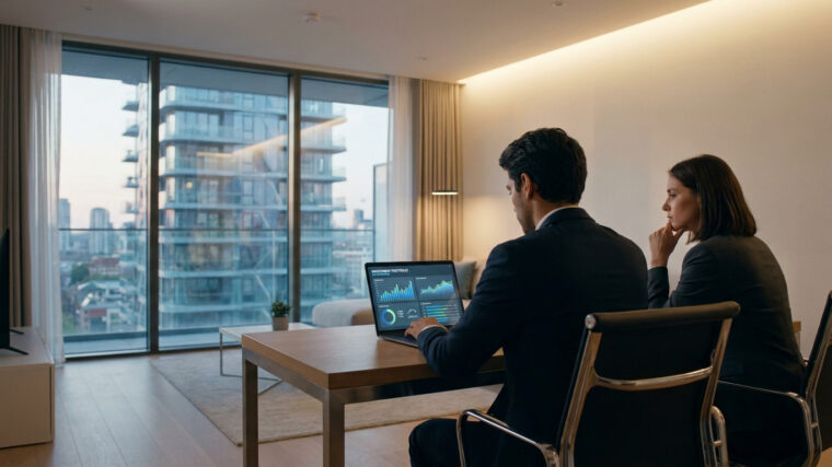 Un homme et une femme en tenue d'affaires analysent des données d'investissement sur un ordinateur portable.