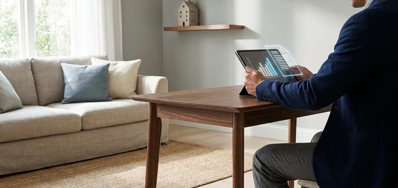 Un homme en costume consulte des graphiques financiers sur une tablette numérique dans un salon moderne.