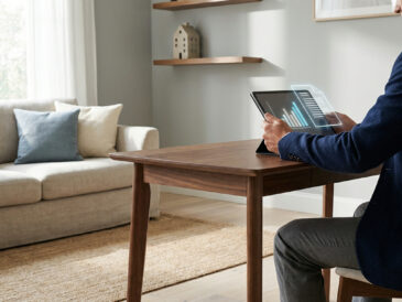 Un homme en costume consulte des graphiques financiers sur une tablette numérique dans un salon moderne.