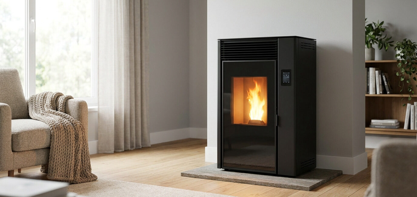 Poêle à granulés noir moderne avec flammes visibles, installé dans un salon cosy avec un fauteuil confortable.