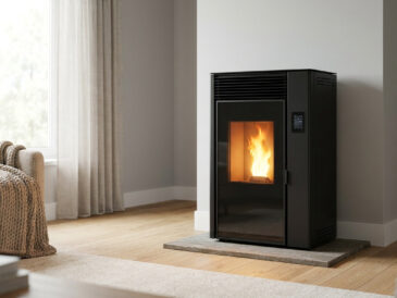 Poêle à granulés noir moderne avec flammes visibles, installé dans un salon cosy avec un fauteuil confortable.