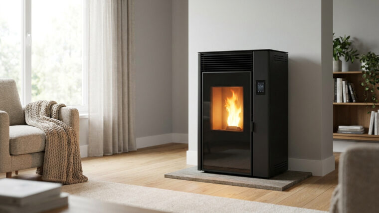 Poêle à granulés noir moderne avec flammes visibles, installé dans un salon cosy avec un fauteuil confortable.