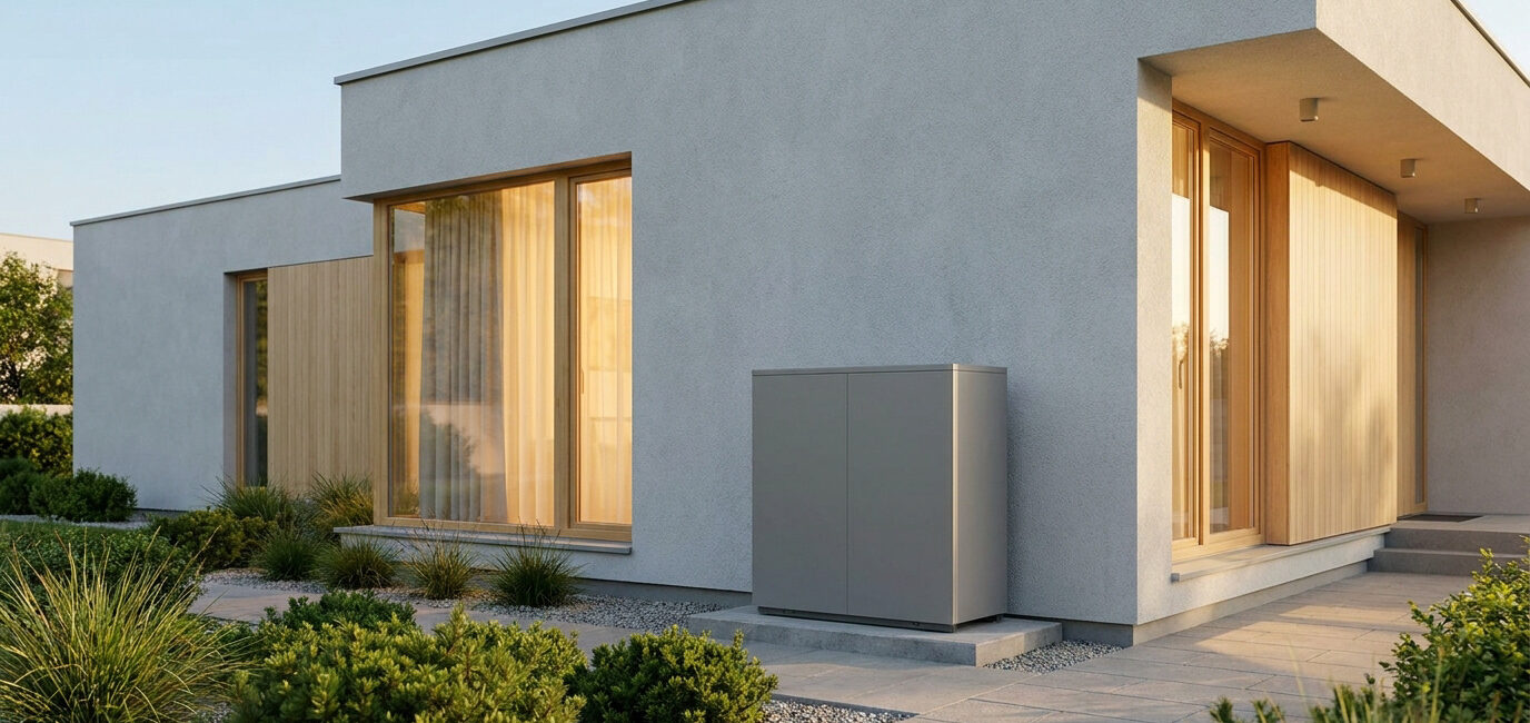 Pompe à chaleur Daikin Altherma 3 grise installée devant une maison moderne avec des baies vitrées.