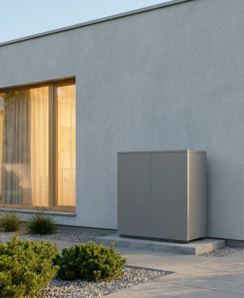 Pompe à chaleur Daikin Altherma 3 grise installée devant une maison moderne avec des baies vitrées.