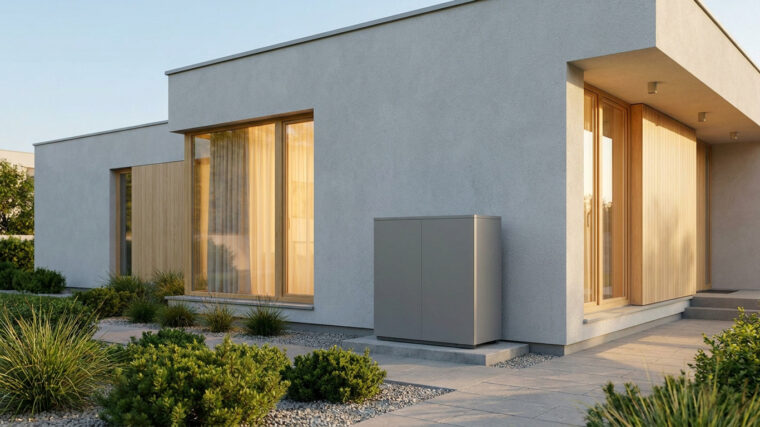 Pompe à chaleur Daikin Altherma 3 grise installée devant une maison moderne avec des baies vitrées.