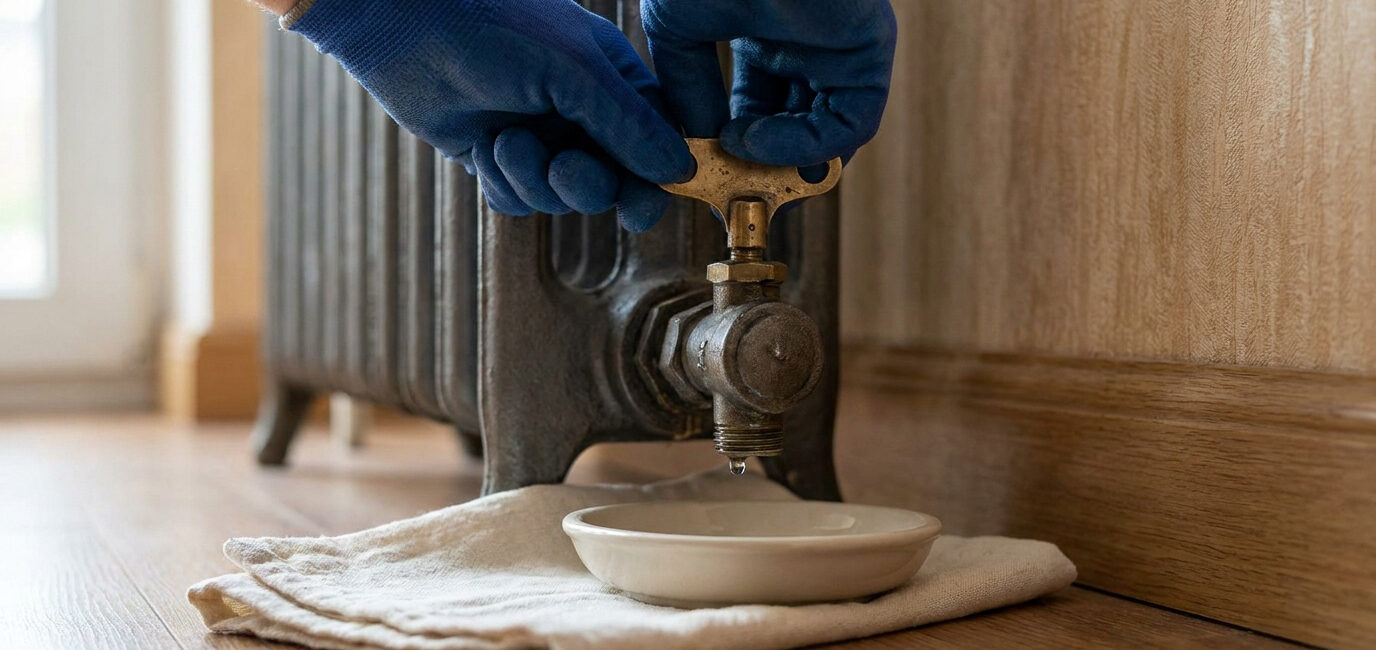 Une personne avec des gants bleus utilise une clé de purge sur une valve de radiateur en fonte au-dessus d'une coupelle.