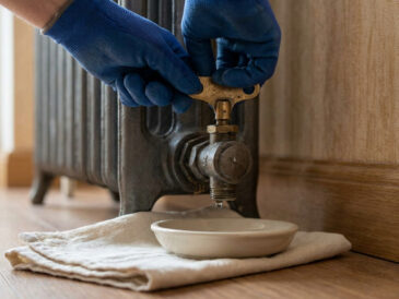 Une personne avec des gants bleus utilise une clé de purge sur une valve de radiateur en fonte au-dessus d'une coupelle.