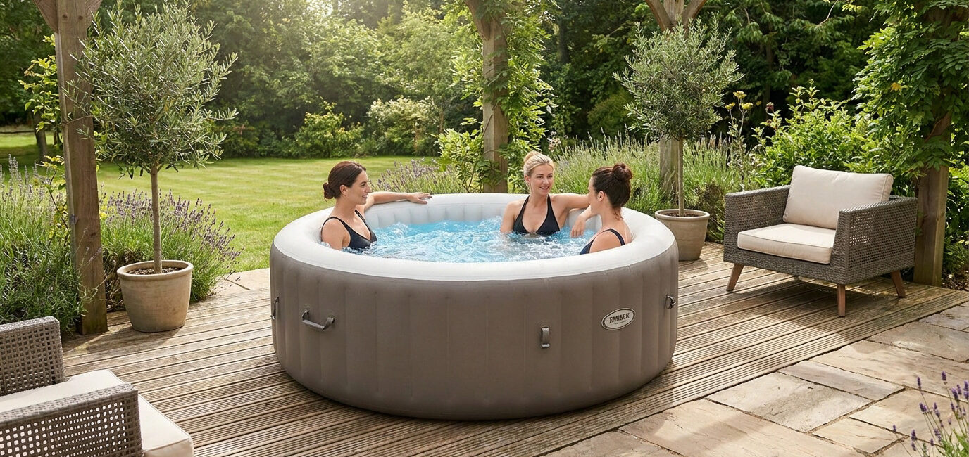 Trois femmes profitant d'un spa gonflable rond et gris installé sur une terrasse en bois entourée d'un jardin verdoyant.