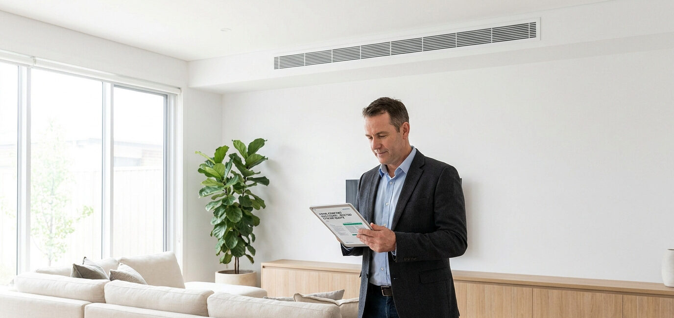 Un professionnel utilise une tablette dans un salon moderne équipé d'une climatisation gainable au plafond.