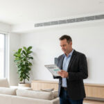 Un professionnel utilise une tablette dans un salon moderne équipé d'une climatisation gainable au plafond.