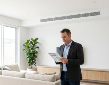 Un professionnel utilise une tablette dans un salon moderne équipé d'une climatisation gainable au plafond.