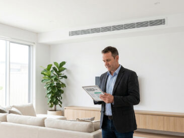 Un professionnel utilise une tablette dans un salon moderne équipé d'une climatisation gainable au plafond.