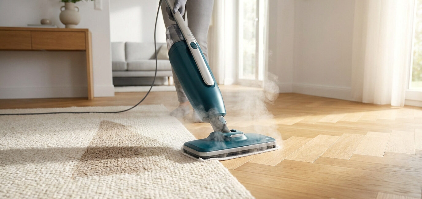 Une personne nettoie un tapis et un parquet en bois clair avec un balai vapeur bleu moderne dans un salon lumineux.
