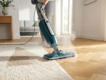 Une personne nettoie un tapis et un parquet en bois clair avec un balai vapeur bleu moderne dans un salon lumineux.