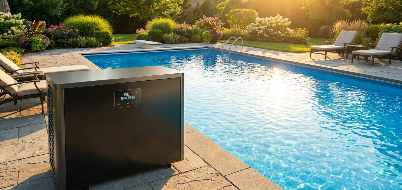 Pompe à chaleur piscine Full Inverter au bord d'une piscine ensoleillée dans un jardin verdoyant.