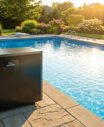 Pompe à chaleur piscine Full Inverter au bord d'une piscine ensoleillée dans un jardin verdoyant.