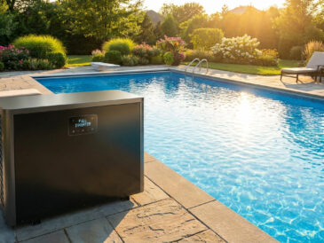 Pompe à chaleur piscine Full Inverter au bord d'une piscine ensoleillée dans un jardin verdoyant.