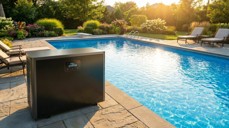 Pompe à chaleur piscine Full Inverter au bord d'une piscine ensoleillée dans un jardin verdoyant.