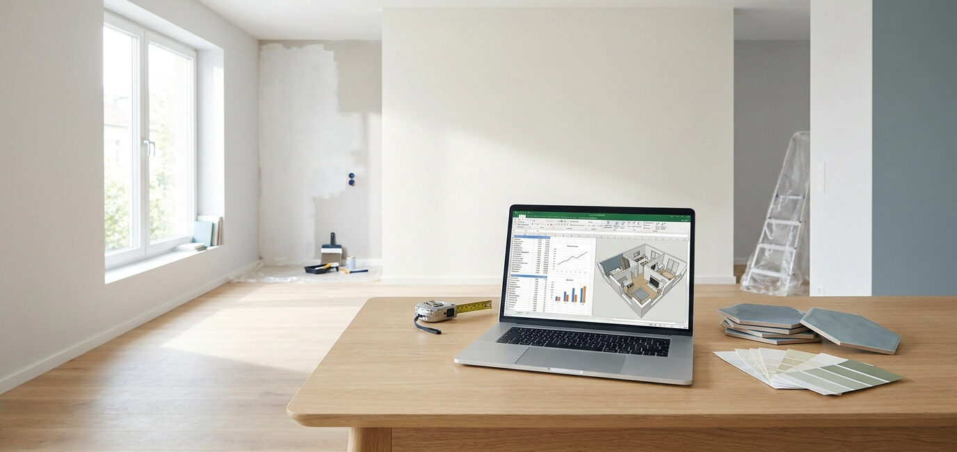 Un ordinateur portable sur une table en bois affichant un plan 3D et un budget dans un appartement en cours de rénovation.