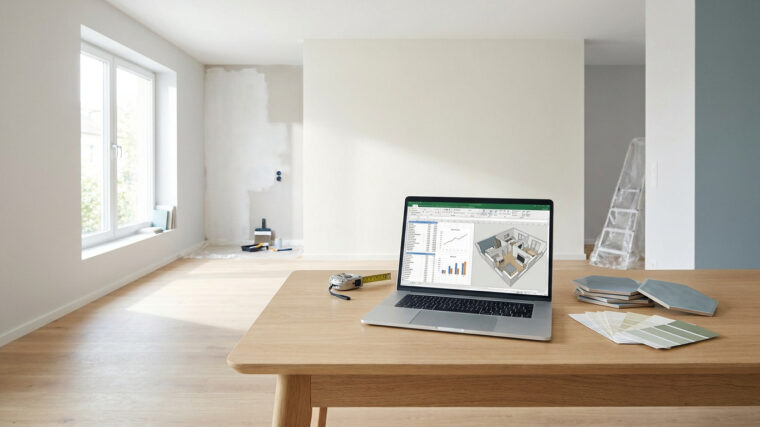 Un ordinateur portable sur une table en bois affichant un plan 3D et un budget dans un appartement en cours de rénovation.