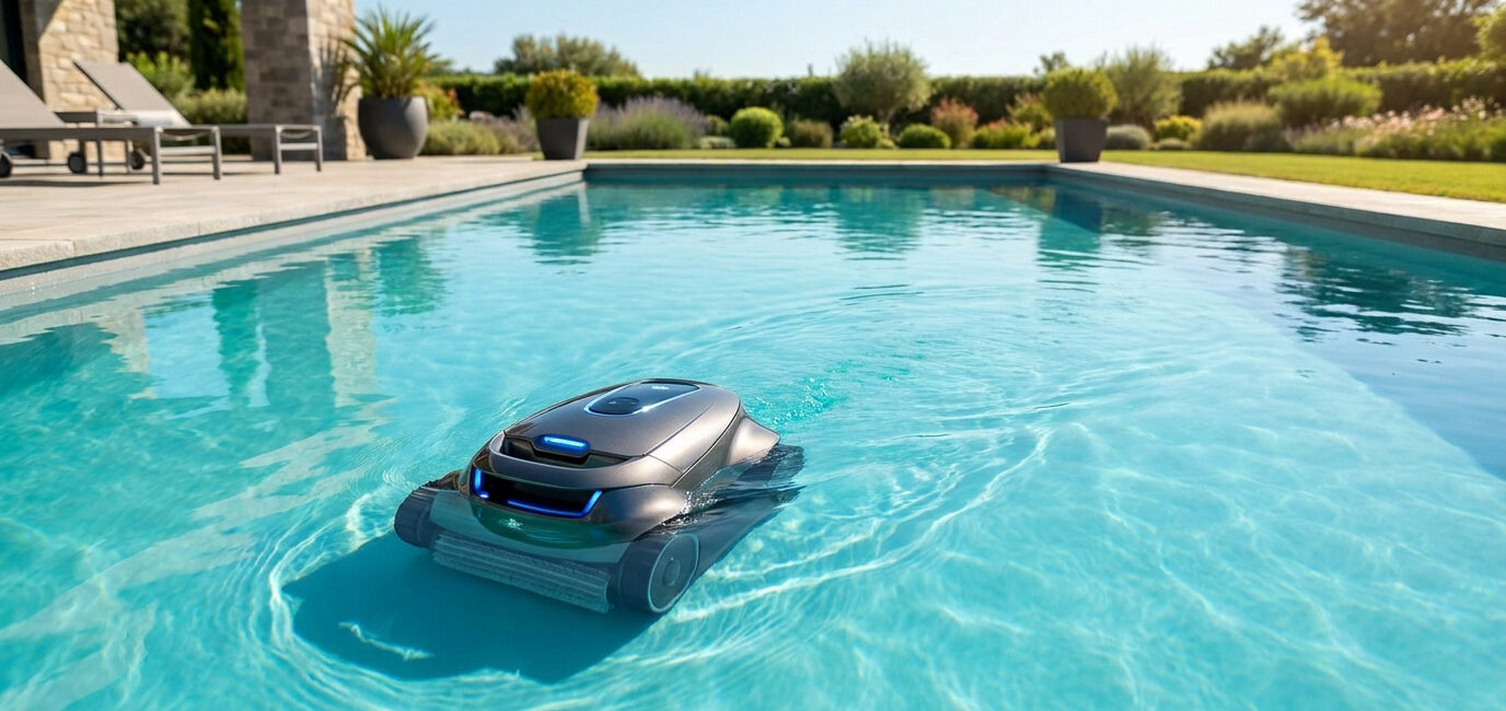 Un robot de piscine sans fil noir nettoie une piscine cristalline dans un jardin ensoleillé.