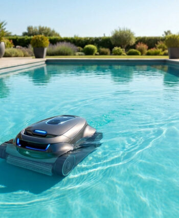 Un robot de piscine sans fil noir nettoie une piscine cristalline dans un jardin ensoleillé.