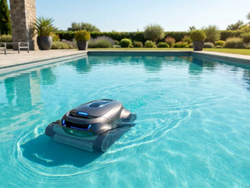 Un robot de piscine sans fil noir nettoie une piscine cristalline dans un jardin ensoleillé.