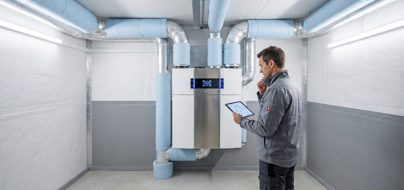 Un technicien vérifie l'installation d'une VMC double flux connectée avec une tablette dans un local technique.